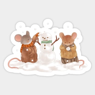 Snowy Winter Cottagecore Mice Building a Snowman Sticker